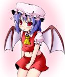  bat_wings blue_hair blush cosplay embarrassed flandre_scarlet flandre_scarlet_(cosplay) hat ichimi midriff navel red_eyes remilia_scarlet short_hair simple_background skirt_tug slit_pupils solo touhou tsurime undersized_clothes wings 