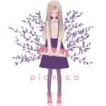  blonde_hair blush bow closed_eyes flower hair_bow hair_flower hair_ornament holding instrument keyboard_(instrument) long_hair original pantyhose plant shoes simple_background skirt smile sneakers solo standing tamayo 