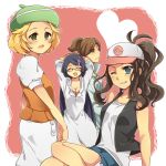  antenna_hair araragi_(pokemon) arms_behind_head baseball_cap bel_(pokemon) bell_(pokemon) beret blonde_hair blue_eyes brown_hair closed_eyes denim denim_shorts green_eyes hair_ornament hairclip hat heart hosihuri labcoat long_hair makomo_(pokemon) multiple_girls pokemon pokemon_(game) pokemon_black_and_white pokemon_bw ponytail purple_hair short_hair shorts sleeves_rolled_up smile tank_top touko_(pokemon) very_long_hair vest wink 