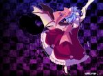  bat_wings blue_hair bow checkered checkered_background dress hands hat high_heels looking_up onoe_junki profile red_eyes remilia_scarlet shoes short_hair tiptoes touhou wings 
