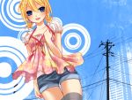  blue_eyes kagamine_rin power_lines short_hair shorts smile solo telephone_pole thigh-highs thigh_gap thighhighs twintails vocaloid yayoi_(egoistic_realism) 