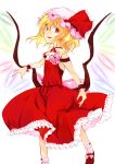  alternate_costume bad_id bare_shoulders blonde_hair dress flandre_scarlet frills hat highres itsu red_eyes ribbon short_hair solo touhou wings wrist_cuffs 