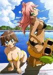  ass bikini black_eyes blue_eyes brown_hair erect_nipples fixed green_eyes green_hair highres kemeko kemeko_deluxe long_hair makihara_izumi mm pink_hair short_hair sky sugimoto_isao swimsuit tan tanline water wet 