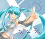  1girl blush breasts detached_sleeves green_eyes hatsune_miku irudana long_hair midriff necktie open_mouth pointing solo twintails very_long_hair vocaloid 