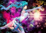  aqua_eyes aqua_hair barefoot bridal_gauntlets bunny_shake digital_dissolve hatsune_miku hatsune_miku_(append) highres long_hair miku_append necktie outstretched_arm outstretched_hand reaching thigh-highs thighhighs twintails very_long_hair vocaloid vocaloid_append 