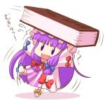  1girl arms_up book carrying chibi dress hair_ribbon hat long_hair long_sleeves mazume minigirl mukyuu open_clothes open_coat open_mouth patchouli_knowledge puffy_sleeves purple_dress ribbon solo standing_on_one_leg striped striped_dress touhou trembling tress_ribbon very_long_hair violet_eyes wavy_mouth wide_sleeves |_| 
