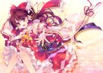  bow brown_eyes brown_hair cherry_blossoms detached_sleeves embellished_costume frills gathers hair_bow hair_ornament hakurei_reimu hand_on_own_chest hands open_mouth outstretched_hand petals red_eyes red_hair ribbon sayagata shinia skirt smile solo tassel touhou wide_sleeves 