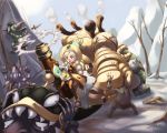  1girl academic_(dragon_nest) boots braid dragon_nest ecell glasses hat highres long_hair open_mouth robot silver_hair snow sword tears twin_braids weapon yellow_eyes 