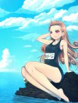  barefoot brown_hair clift dragon_quest dragon_quest_iv feet flat_chest highres legs lips long_hair mahito name_tag one-piece_swimsuit red_eyes school_swimsuit smile swimsuit 
