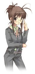  brown_eyes brown_hair ech formal glasses idolmaster idolmaster_2 long_hair pant_suit ponytail suit 