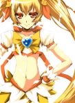  bad_id blonde_hair blush cure_sunshine dress heartcatch_precure! long_hair magical_girl midriff muff myoudouin_itsuki orange_eyes precure s_tanly skirt solo twintails very_long_hair white_background yellow_dress 