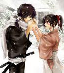  1girl black_hair blush breath brown_eyes couple gloves hakuouki_shinsengumi_kitan holding_hands japanese_clothes noa426 photo_background ponytail saitou_hajime_(hakuouki) sheath sheathed snow snowflakes sword weapon yukimura_chizuru 