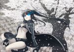  belt bikini_top black_hair black_rock_shooter black_rock_shooter_(character) blue_eyes checkered cloverpeia front-tie_top glowing glowing_eyes hi highres jacket long_hair midriff pale_skin shorts smile star 