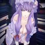  1girl bare_shoulders book breasts cleavage crescent hat lips long_hair looking_at_viewer patchouli_knowledge purple_hair solo touhou violet_eyes yoi_tosui 