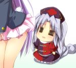  2girls bare_legs blazer braid bunny_tail chibi hat implied_pantyshot long_hair minigirl multiple_girls nurse_cap purple_hair reisen_udongein_inaba sen_(astronomy) silver_hair tail touhou yagokoro_eirin 