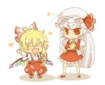  :d \o/ alternate_costume alternate_hairstyle angry arms_up blonde_hair blush bow chibi colored_eyelashes cosplay costume_switch duo eyelashes fang female flandre_scarlet flandre_scarlet_(cosplay) fujiwara_no_mokou fujiwara_no_mokou_(cosplay) hair_bow hair_ribbon hat heart hime_cut hood lan._(pixiv) long_hair multicolored multiple_girls open_mouth outstretched_arms red_eyes shoes short_hair side_ponytail silver_hair simple_background skirt smile socks suspenders sweatdrop touhou vampire white_background white_hair wings 