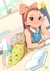  book bow hair_bow idolmaster kawasaki_kazuhiko long_hair lying minase_iori on_stomach pen red_eyes red_hair redhead smile socks solo white_legwear white_socks 