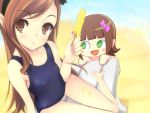  barefoot brown_eyes brown_hair hairband idolmaster idolmaster_2 long_hair minase_iori nonowa one-piece_swimsuit perspective pipipi_(projectlfw8) popsicle school_swimsuit swimsuit 