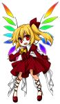  ankle_lace-up blonde_hair bow brooch cross-laced_footwear dress flandre_scarlet hair_bow highres jewelry kuronohana outstretched_arms red_eyes short_hair side_ponytail solo spread_arms touhou wings 