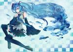  blue_hair boots checkered checkered_background detached_sleeves fish hatsune_miku highres last_c long_hair necktie sitting skirt smile thigh-highs thigh_boots thighhighs twintails very_long_hair vocaloid 