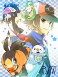  1boy 1girl bag baseball_cap blue_eyes brown_eyes brown_hair denim denim_shorts hat oshawott pokemon pokemon_(creature) pokemon_(game) pokemon_black_and_white pokemon_bw ponytail purse sgawarananto short_hair shorts smile snivy star tank_top tepig tnaktop touko_(pokemon) touya_(pokemon) v vest wink wristband 