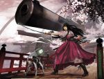 &gt;_&lt; black_hair boots cannon cherry_blossoms east_asian_architecture gun hime_cut huge_weapon japanese_architecture japanese_clothes katana open_mouth robot solo sword vanipo weapon