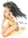  bikini black_hair ganaha_hibiki idolmaster kneeling long_hair measurements monocoque navel pocari_sweat ponytail sandals soda_can starfish swimsuit 