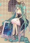  bad_id breasts candle cleavage crown dress earrings flower hatsune_miku high_heels highres jewelry long_hair necklace nicohi open_mouth rose shoes sitting strapless_dress twintails very_long_hair vocaloid window 