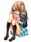  brown_eyes brown_hair doujinshi_(object) kneehighs manga_(object) school_uniform sitting skirt socks tibino 