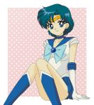  bishoujo_senshi_sailor_moon blue_eyes blue_hair boots hamutarou magical_girl mizuno_ami pink_background polka_dot polka_dot_background sailor_mercury sailor_senshi short_hair tiara 