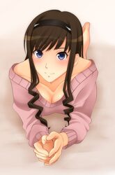  1girl amagami blue_eyes breasts brown_hair cleavage face hairband kishida-shiki long_hair morishima_haruka on_stomach solo sweater 