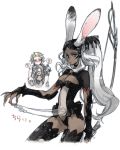   ? animal_ears armor basch_fon_ronsenburg blonde_hair blush bow_(weapon) breasts brown_eyes rabbit_ears cleavage covering_eyes dark_skin final_fantasy final_fantasy_xii fran helmet long_hair open_mouth short_hair silver_hair thigh-highs toujou_sakana vaan viera weapon  