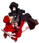  2girls black_hair blonde_hair boots bowtie cape expressionless grimm's_fairy_tales little_red_riding_hood little_red_riding_hood_(grimm) long_hair multiple_girls musco red_eyes weapon 