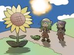  ascot chibi cloud flower green_hair hakurei_reimu hakurei_reimu_(pc-98) hat hill hot kazami_yuuka kazami_yuuka_(pc-98) mogumogu multiple_girls nature no_shirt o_o oversized_object pants purple_hair sarashi smile straw_hat sun sunflower sweat touhou touhou_(pc-98) towel_on_shoulders vest watering_can 