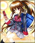  brown_hair cellphone little_busters!! long_hair natsume_rin phone ponytail red_eyes school_uniform sumire_(sumiringo2008) 