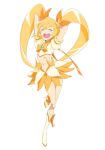 9aki arms_up boots closed_eyes cure_sunshine happy heartcatch_precure! magical_girl midriff myoudouin_itsuki orange_dress precure ribbon skirt smile solo twintails white_background 