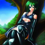 bare_shoulders boots breasts cleavage dress elbow_gloves eyepatch fukkatsu_no_sorono gloves green_eyes green_hair highres large_breasts original sitting smile solo sorono_wa_soro thigh-highs thighhighs tree under_boob underboob 