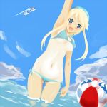  ball bikini blonde_hair blue_eyes blush breasts heroman lina_davis long_hair mecha ocean one-two_punch! open_mouth side-tie_bikini smile submerged swimsuit tan tanline underboob waving 