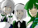  artist_request evil_smile grin izayoi_sakuya kochiya_sanae konpaku_youmu sharp_teeth short_hair smile touhou waishou_(fusuma) you_gonna_get_raped 