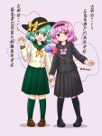  2girls alternate_costume black_footwear black_hairband black_skirt blush bow bowtie brown_footwear buttons closed_mouth commentary_request eyeball green_eyes green_hair green_skirt hair_ornament hairband hat hat_bow heart heart_hair_ornament heart_of_string highres holding_hands komeiji_koishi komeiji_satori loafers long_sleeves medium_hair multiple_girls ok_sign open_mouth pink_bow pink_bowtie pink_eyes pink_hair school_uniform serafuku shadow shitacemayo shoes siblings sisters skirt smile third_eye touhou translation_request twitter_username yellow_bow 