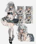  1girl apron aqua_dress aqua_hair closed_mouth collar dress faruzan_(cafe)_(genshin_impact) faruzan_(genshin_impact) frilled_collar frilled_dress frills full_body genshin_impact grey_hair hair_ornament highres long_hair looking_at_viewer maid maid_apron maid_headdress multiple_views note_nii official_alternate_costume one_eye_closed open_mouth parted_lips short_sleeves simple_background smile standing thigh-highs twintails v white_apron white_background white_thighhighs x_hair_ornament zettai_ryouiki 