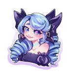  1girl bare_shoulders black_bow blue_eyes blue_hair bow breasts collarbone cropped_torso detached_sleeves drill_hair grin gwen_(league_of_legends) hair_bow highres kimi_(pumpkimmi) league_of_legends long_hair looking_at_viewer puffy_short_sleeves puffy_sleeves short_sleeves simple_background small_breasts smile solo teeth twin_drills twintails white_background 