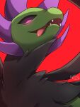  alternate_color animal_focus black_fur black_sclera colored_sclera colored_skin commentary_request green_skin highres hydreigon karaneko no_humans open_mouth pink_eyes pokemon pokemon_(creature) red_background sharp_teeth shiny_pokemon signature simple_background teeth tongue tongue_out 