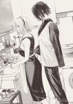  1boy 1girl ? absurdres amputee apron behind_another chinese_commentary chinese_text commentary cup cupboard dishes dishwashing dress electrical_outlet eyes_visible_through_hair faucet feet_out_of_frame greyscale hairband hand_on_another&#039;s_waist haruno_sakura highres kitchen long_dress long_sleeves monochrome naruto_(series) niku_(ni23ku) notice_lines saucepan shirt shoes short_hair simplified_chinese_text sink sleeveless sleeveless_dress towel translated uchiha_sasuke unworn_shoes vest washing_machine 