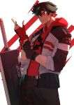  1boy absurdres belt black_hair character_request commentary copyright_request english_commentary fingerless_gloves glasses gloves highres red_sweater simple_background solo sweater sword the_atko weapon 