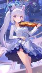  1girl ainy blue_archive blue_halo blush bow_(music) breasts closed_mouth collarbone dress feet_out_of_frame grey_hair halo highres holding holding_instrument instrument long_hair long_sleeves looking_at_viewer miyako_(blue_archive) purple_dress side_ponytail small_breasts smile solo twitter_username violet_eyes violin 
