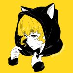  1girl adjusting_clothes animal_hood blending cat_hood cropped_shoulders edomon-do hood hood_up hoodie long_sleeves looking_ahead original portrait sidelocks simple_background solo twitter_username yellow_theme 