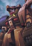  adi_(adivider) antennae clouds english_commentary facial_hair g_gundam gundam hat highres looking_ahead mecha mobile_suit mustache no_humans original portrait red_eyes red_scarf redesign robot scarf science_fiction super_robot tequila_gundam upper_body 