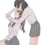  2girls black_hair brown_hair closed_eyes closed_mouth collared_shirt commentary_request grey_skirt highres kamatama_rom long_hair long_sleeves looking_at_another multiple_girls original parted_lips pleated_skirt school_uniform shirt shirt_tucked_in short_hair simple_background skirt sleeves_past_wrists white_background white_shirt yuri 