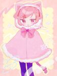  animal_ears anzen_robo_(474zz) blue_pants cat_ears cat_tail doki_doki_literature_club hood hoodie looking_at_viewer natsuki_(doki_doki_literature_club) open_mouth pants pink_background pink_eyes pink_hair pink_ribbon red_ribbon ribbon sweatdrop tagme tail twintails twitter_username yellow_background 